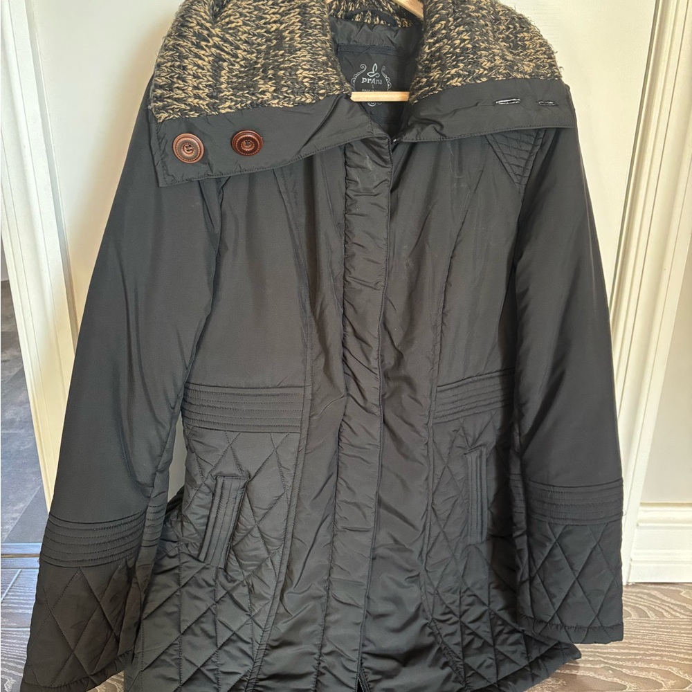Prana Black Quilted Puffer Coat with Patterned Collar